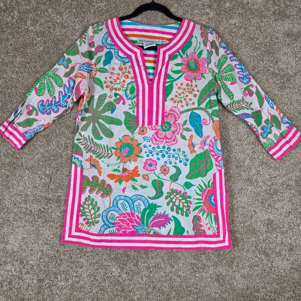 Gretchen Scott Tunic Top Floral Tropical Cotton Striped Trim Preppy Pink Size S